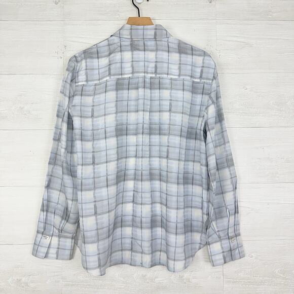 Vince 100% Silk Button Down Long Sleeve Blouse Women M Hazy Plaid Powder Blue - Picture 7 of 16